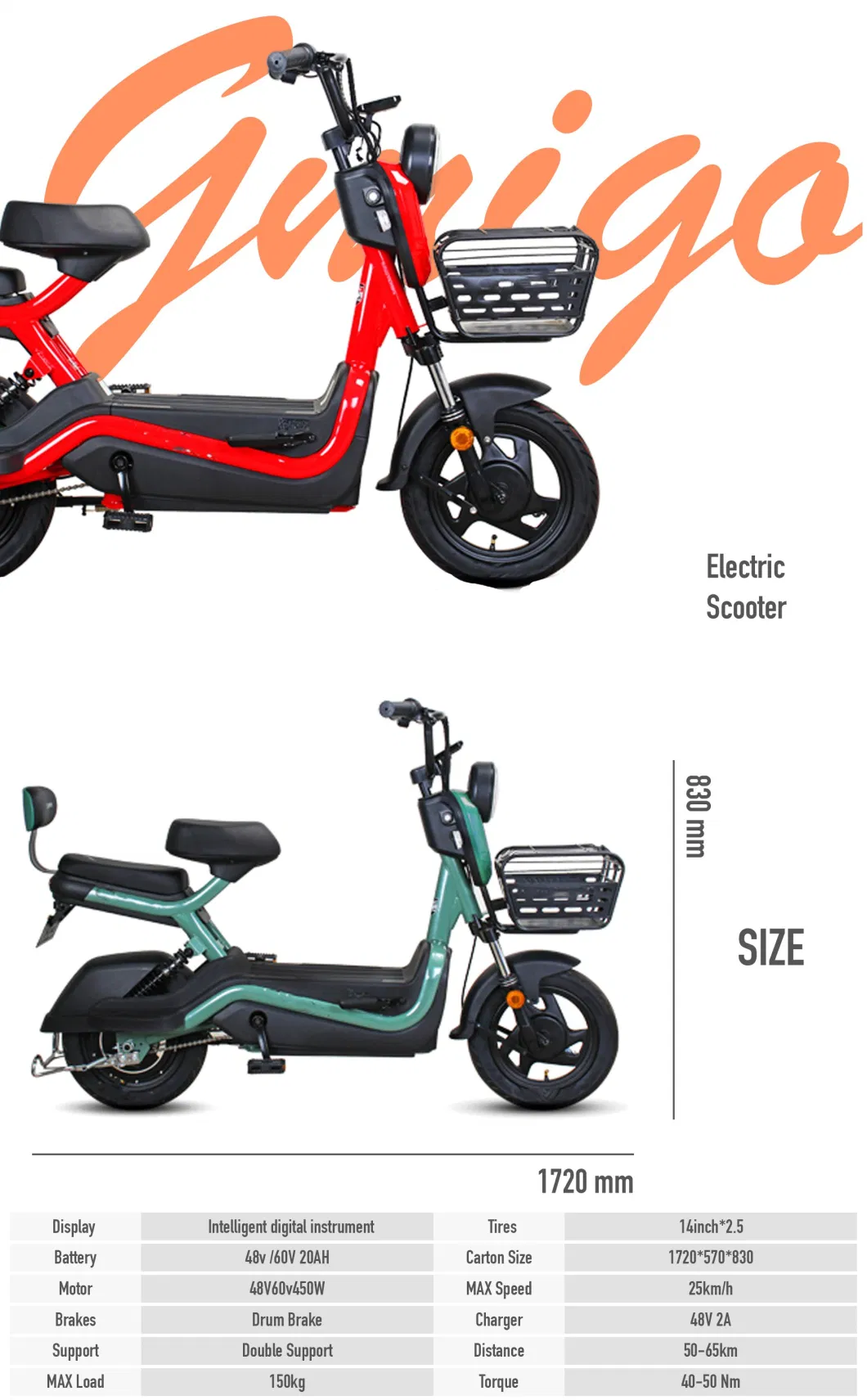 14inch 500W 9.6ah Lithium Small Moped Back Basket Electric Scooter