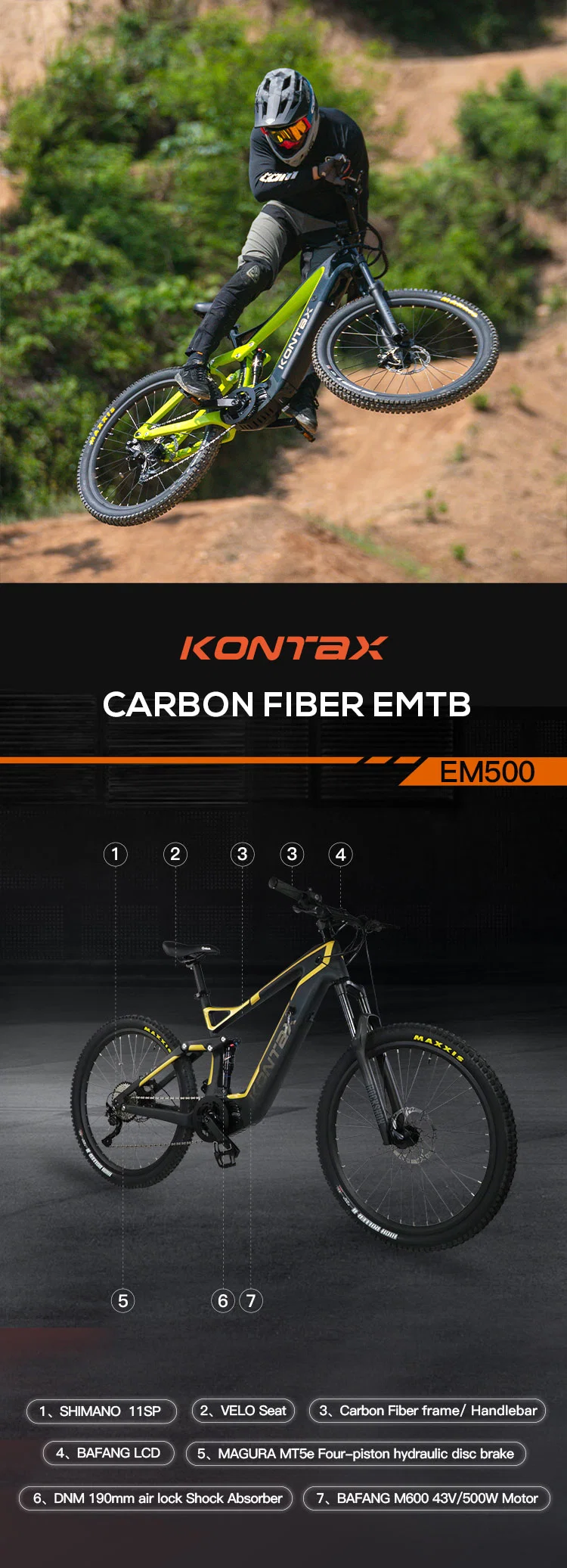 Kontax Carbon Fiber Full Suspension Mountain Bike MTB 48V 500W Fat Tire Electric Bike