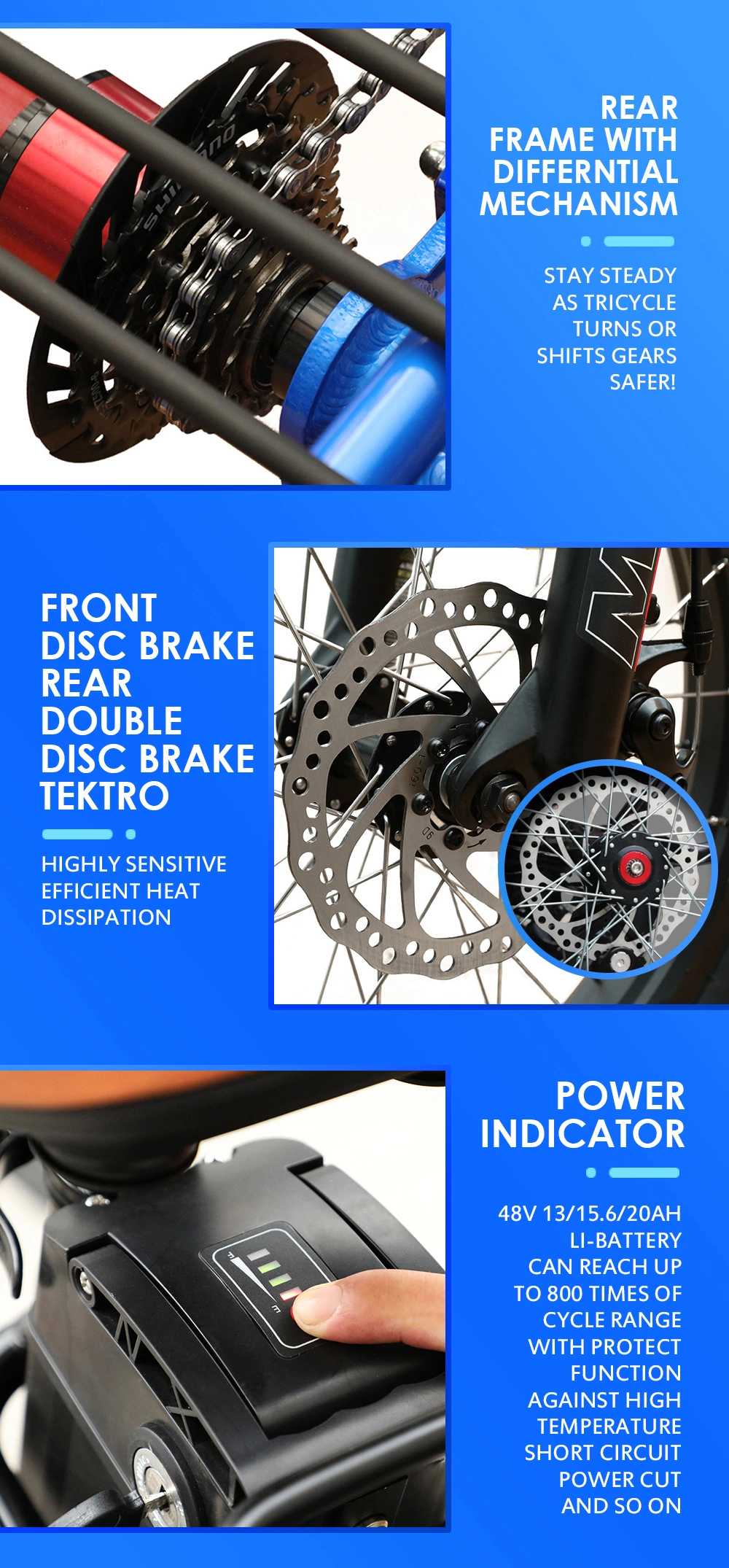 3 Wheels Electric Catgo Bike /Tricycle /Trike with Disc Brakes