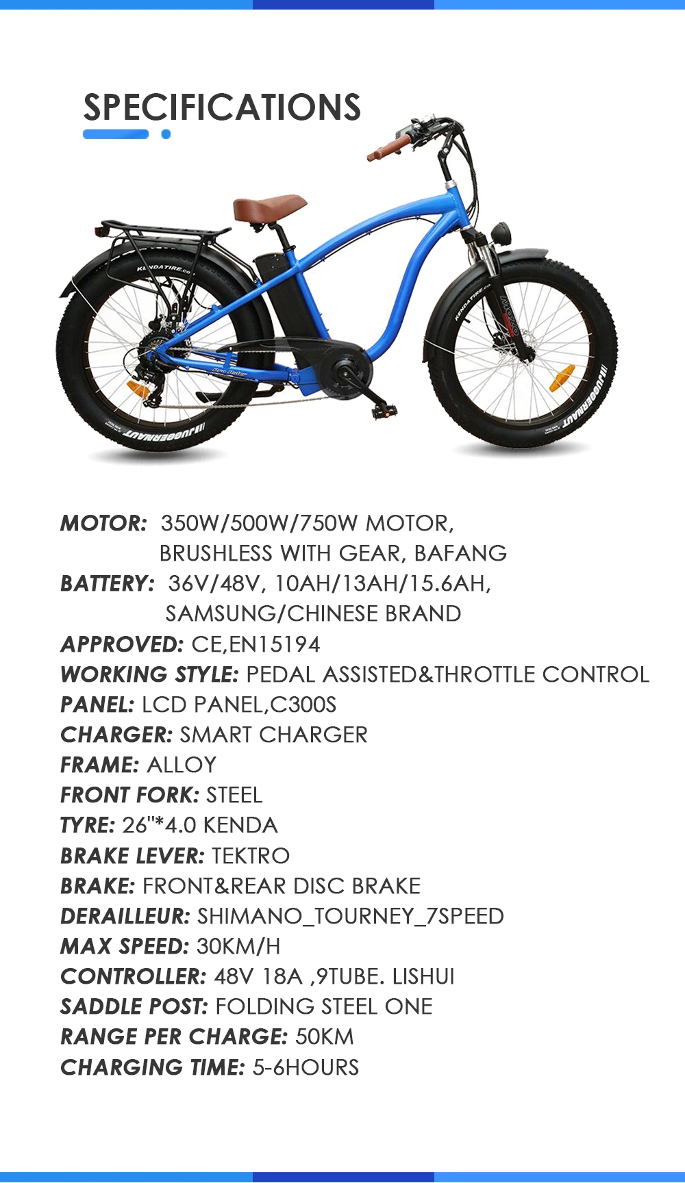 2023 Hot 26 Inch Fat Tire Ebike Electric Bicycle for Adults