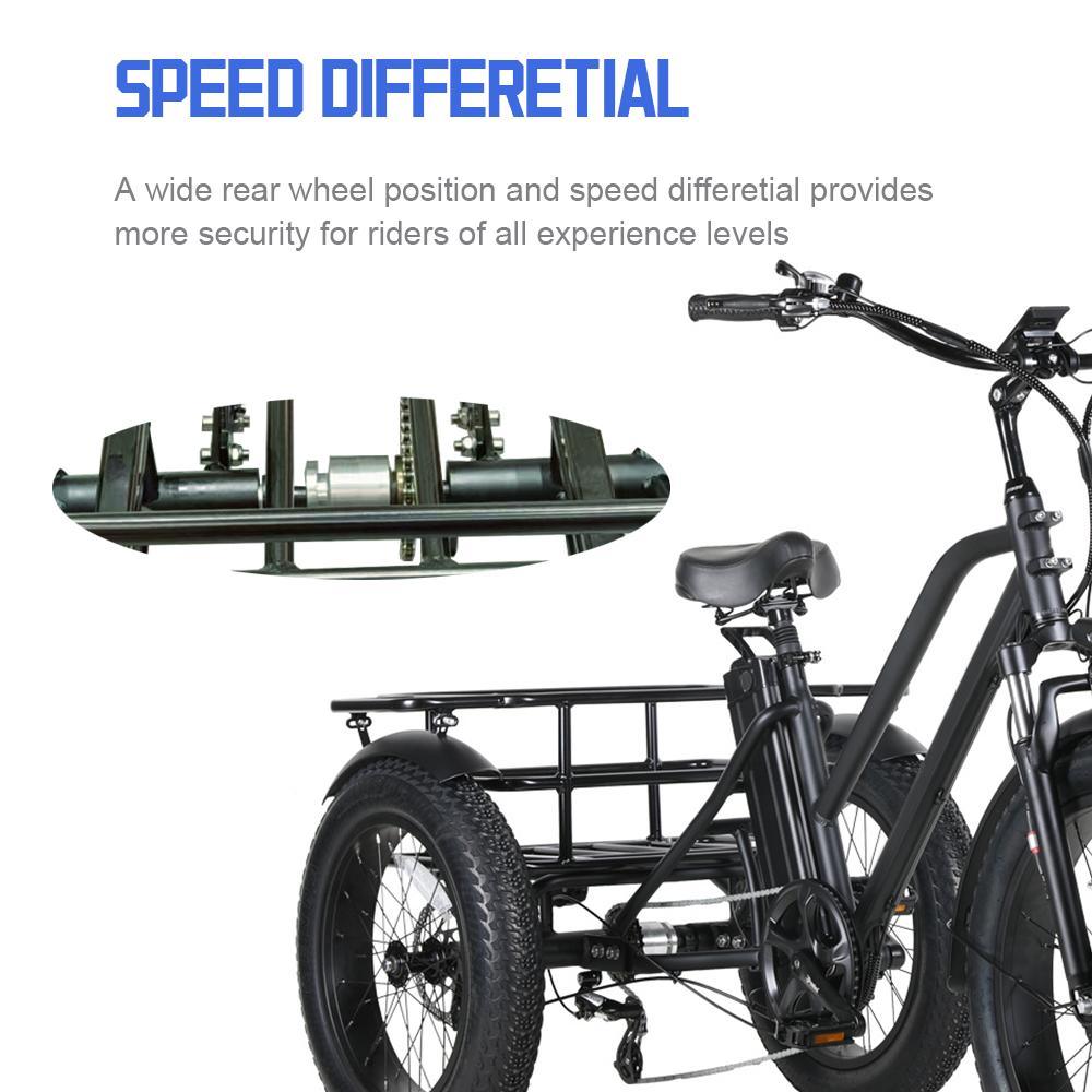 24 Inch Electric Trike 750W Motor Fat Tire 3 Wheel Trike Three Wheels Cargo Electric Bike Trike with Basket