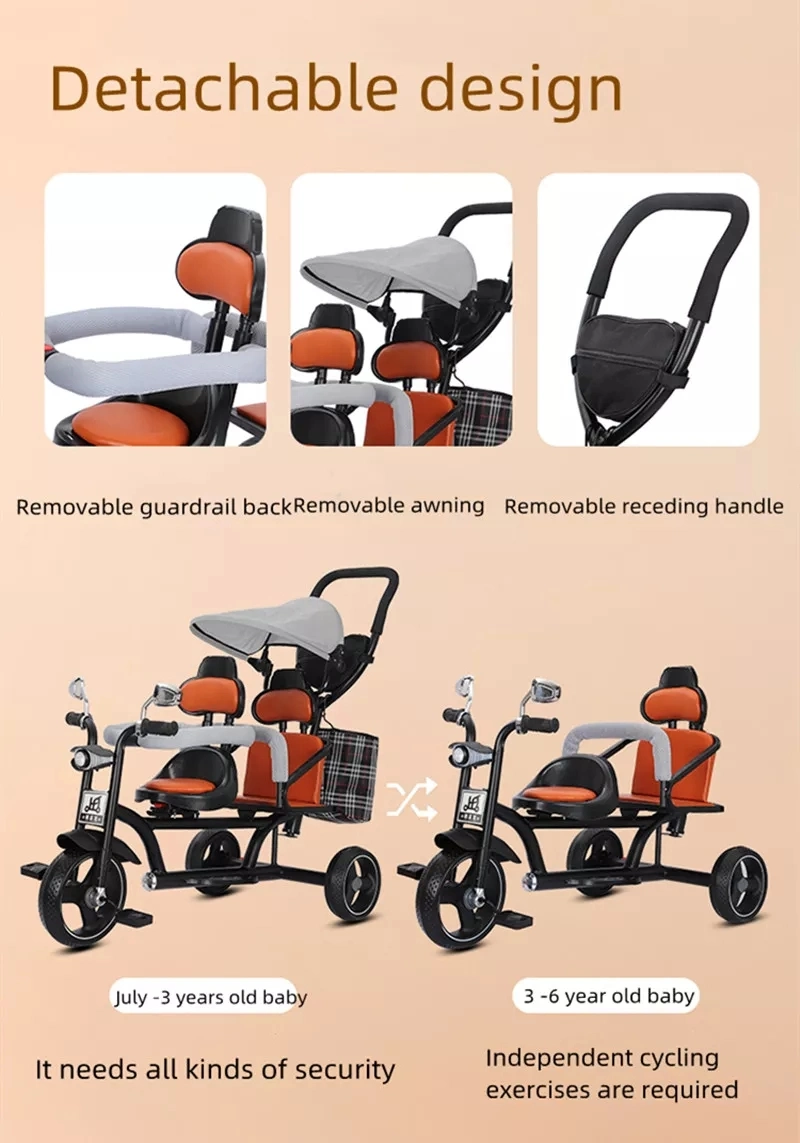 Newly Designed Twin Children Three-Wheeled Two-Seater Bike with Music and Light Baby Bike/Big Wheels New Model Tricycle