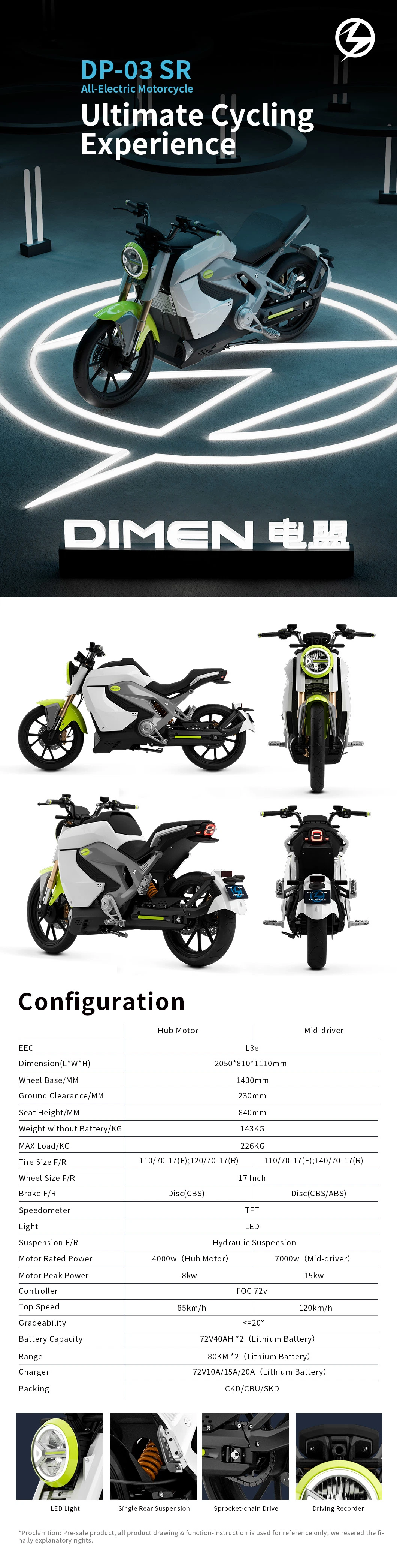 Powerful 7000W Motor Electric Motorbike with Double 72V40ah Lithium Battery