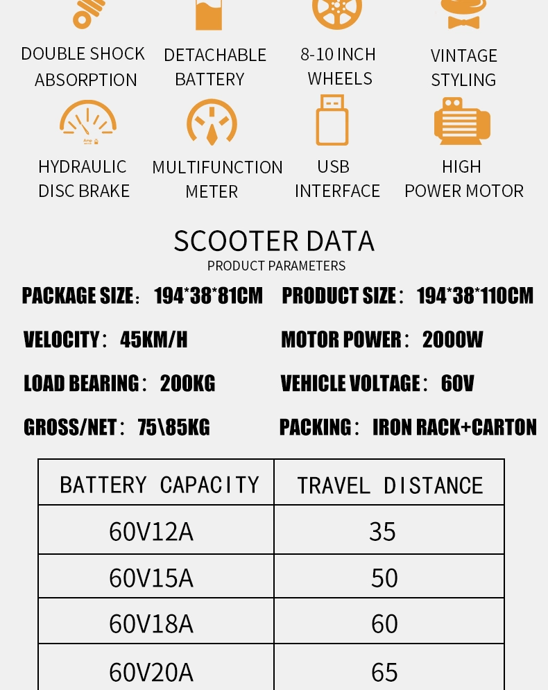 Citycoco Electric Scooter 2 Wheel with Fat Tire Popular 2000W 60V CE with Removable Lithium Battery 1500W-2000W 30-50km/H 6-8h