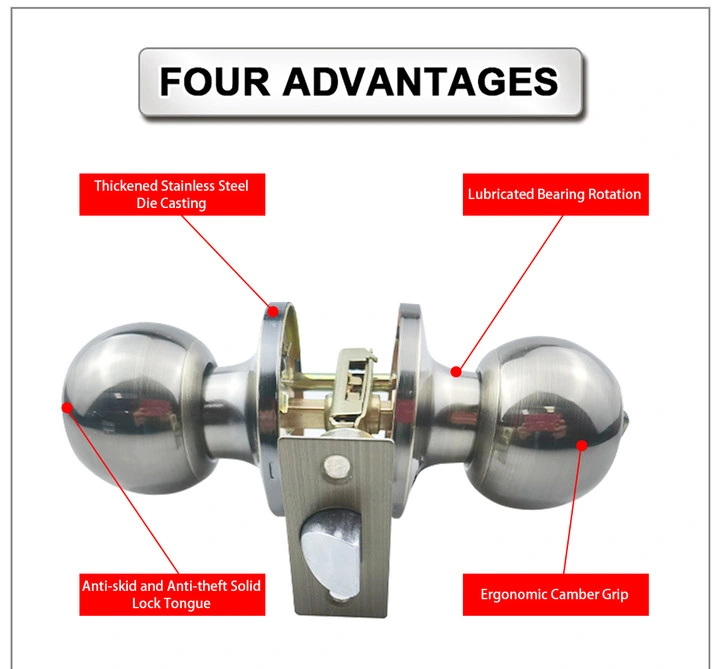 Entry Privacy Tubular Lock Key Stainless Steel Double Ball Round Cylinder Door Knob Lock