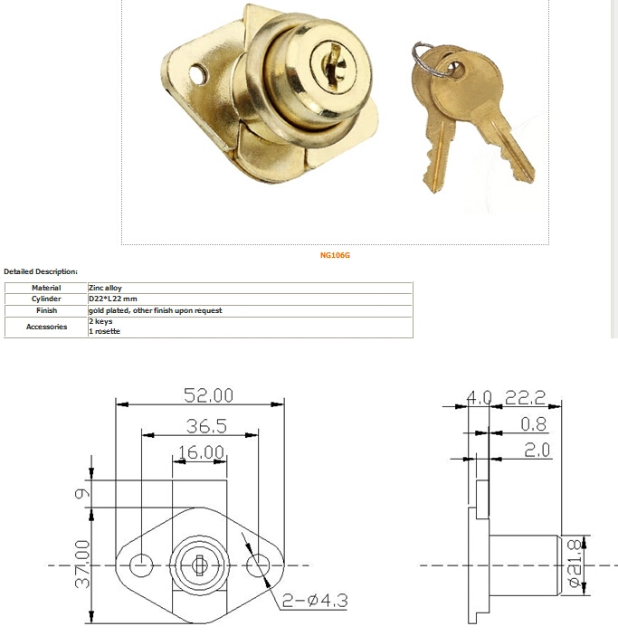 Rhombus Drawer Lock, Golden Drawer Lock Al-106g