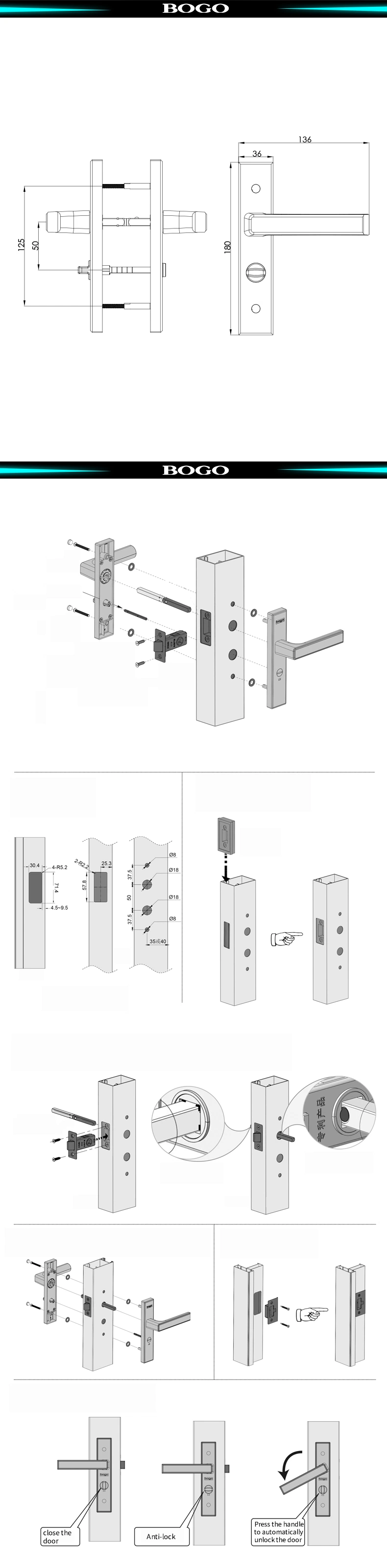Passage Door Lock Closet Glass Good Quality China Manufactory Folding Square-Shaped Solid Lever Opener Aluminum Left or Right Handle Doors Handles Lock