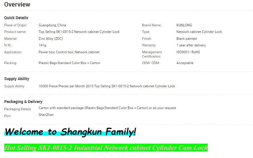 Kunlong Sk1-0815-2 Industrial Network Cabinet Cylinder Cam Lock