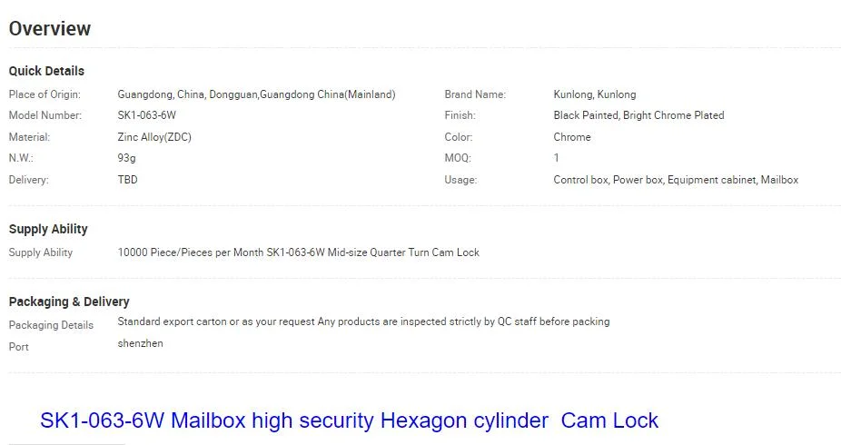 Kunlong Sk1-063-6W Mailbox High Security Hexagon Cylinder Cam Lock