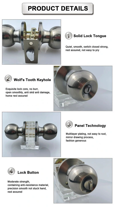 Entry Privacy Tubular Lock Key Stainless Steel Double Ball Round Cylinder Door Knob Lock