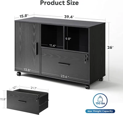  Soporte de impresora Archivador Lateral con cierre con armario de almacenamiento 1 cajón de madera Muebles de oficina asa metálica Panel de madera