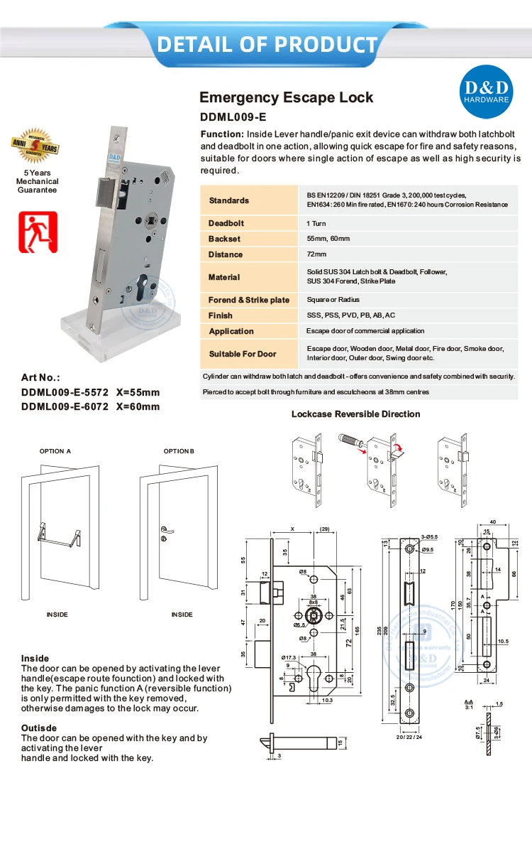 Stainless Steel High Security Single Action Emergency Escape Door Lock