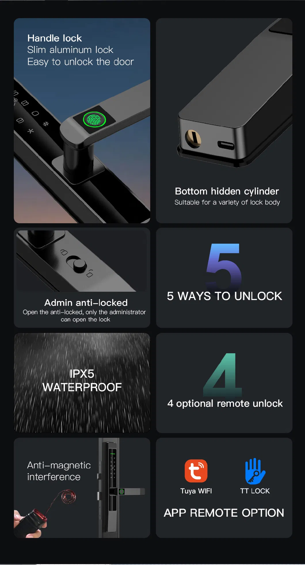 Ttlock Tuya APP Ipx5 Waterproof Black Code RFID IC Card Electric Digital Fingerprint Smart Door Lock