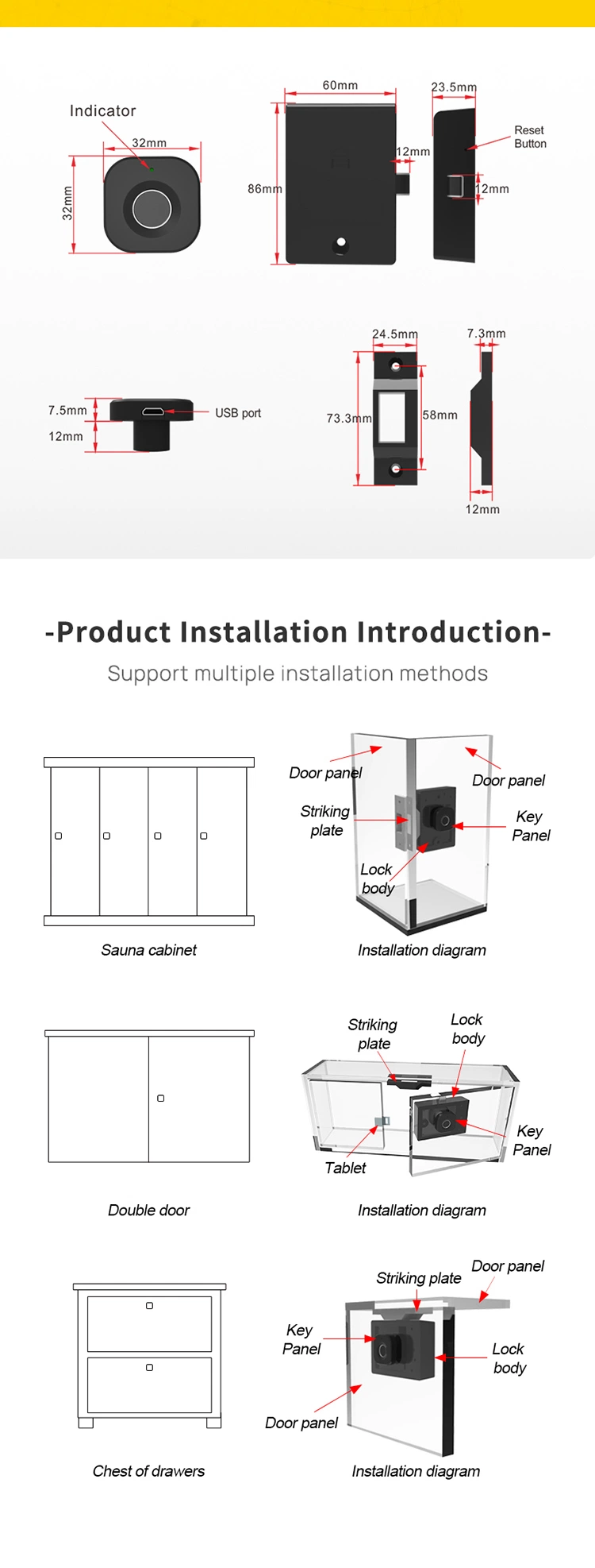 Hidden Handle Home Furniture Gym USB Emergency Charge 20 Sets Fingerprint Biometric Cabinet Box Locks