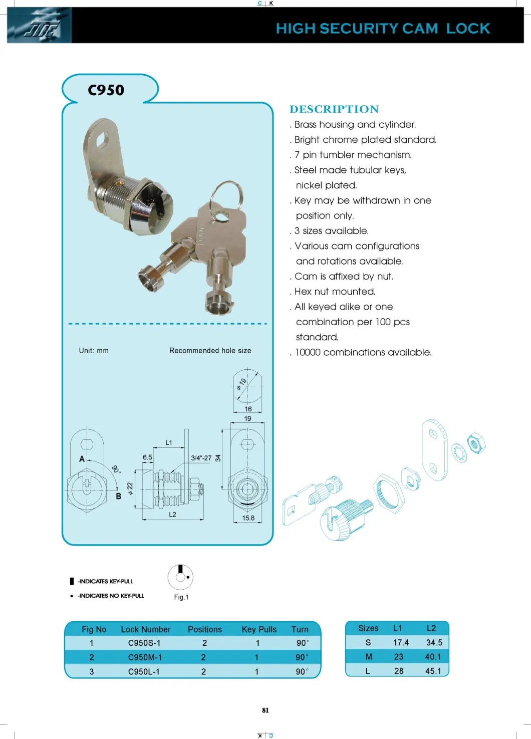 Keyed Alike Tubular Cam Lock with Cylinder and Chrome Finish