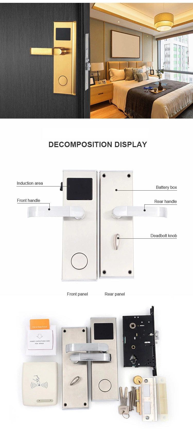 Security Stainless Steel Door handle Mortise Electronic Smart Key Card Hotel Door Lock