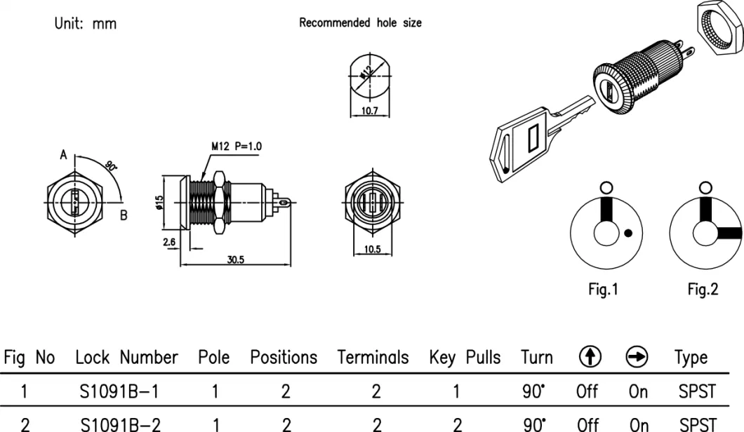 Self-Lock 12mm Zinc Alloy Key Switch with 2 Position (off - on) and 2 Terminals