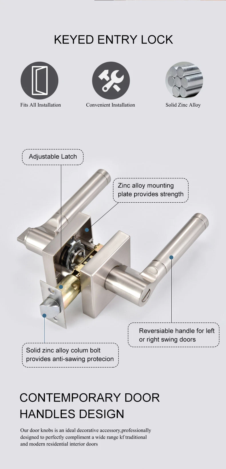 Modern Emergency Square Door Lock Tubular Key Set Handle Door Lever Lock