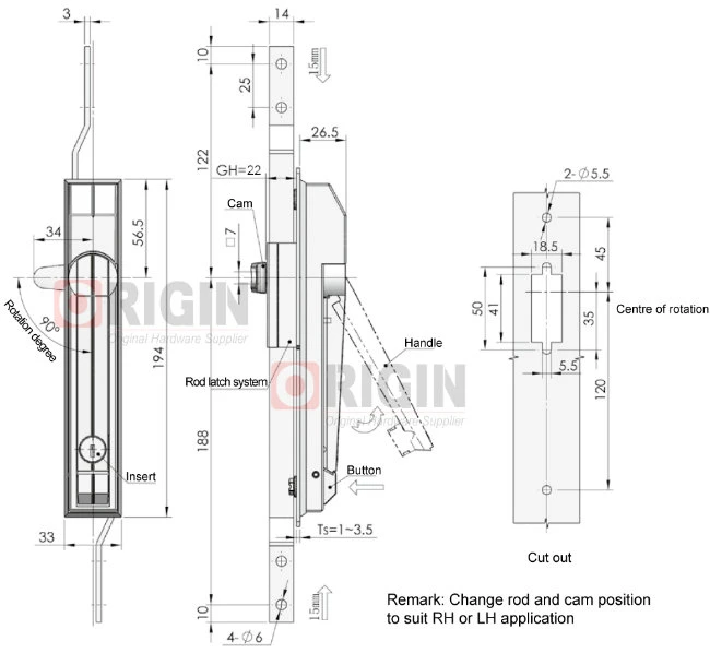 Zinc Alloy Industrial Cabinet 3 Point Rod Control Swing Handle Lock