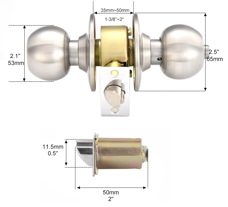 Ball Round Cylindrical Brass Cylinder Stainless Steel Handle Door Knob Lock