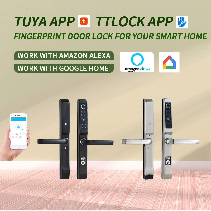 Stainless Steel Tuya APP Smart Door Lock Narrow Profile Slim Aluminum Door Smart Fingerprint Lock with EU 3585 Mortise