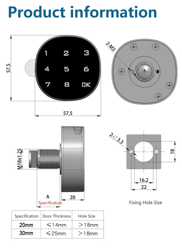 20mm Touch Keypad Office 8 Digit Password Keyless Smart Drawer Electronic Cabinet Cam Lock