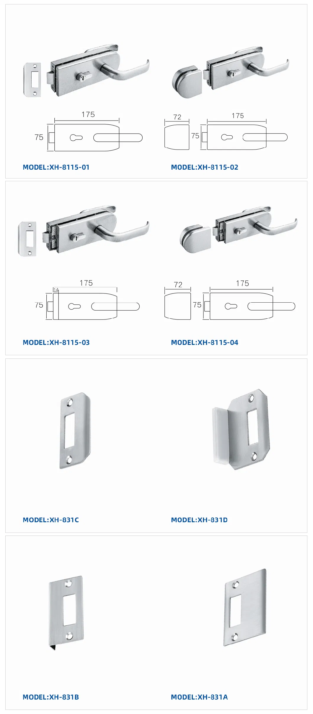 Xh-8115 Zinc Alloy Frameless Glass Lock with Fixed Handle for Glass Door