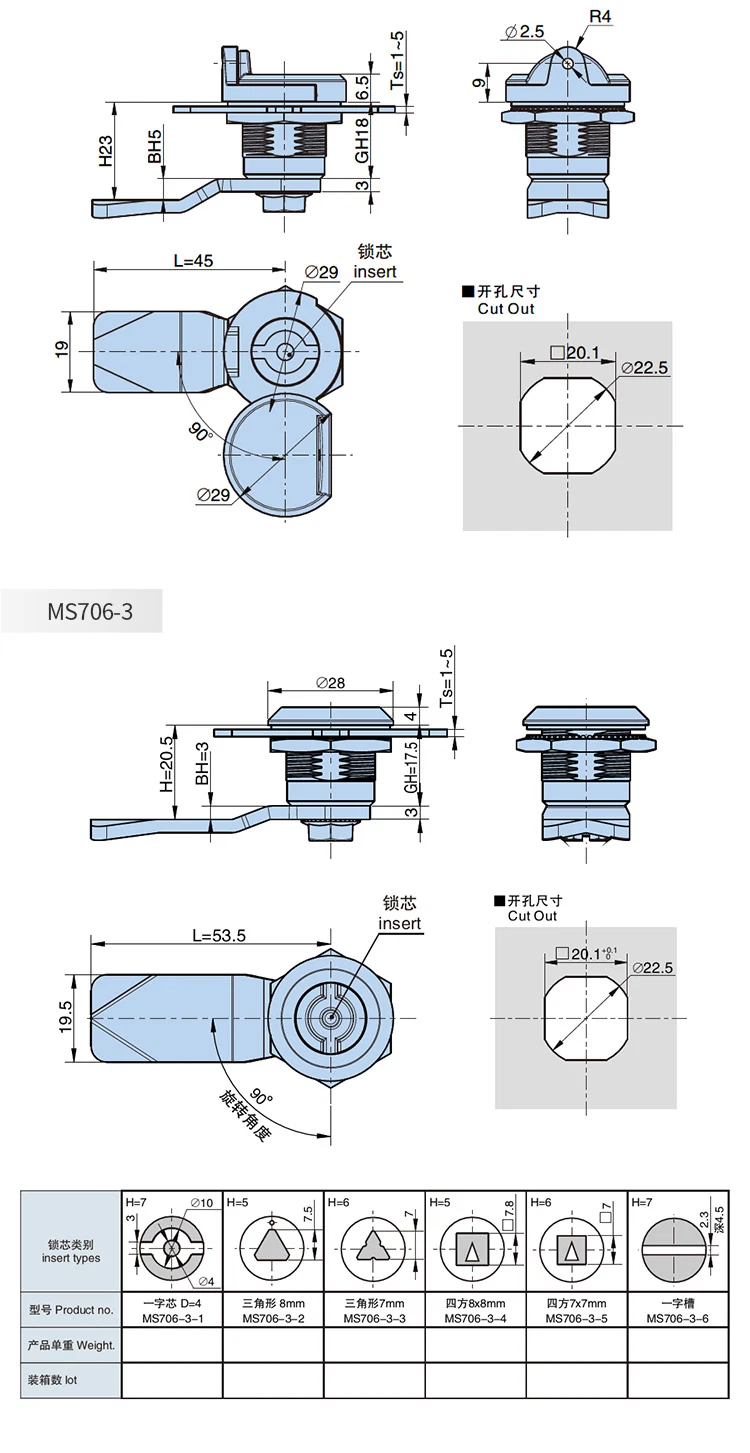 Factory Made Cam Lock Hengzhu Ms706 Zinc Alloy Quarter Turn Electric Door Triangle Cylinder for Distribution Cabinet Box