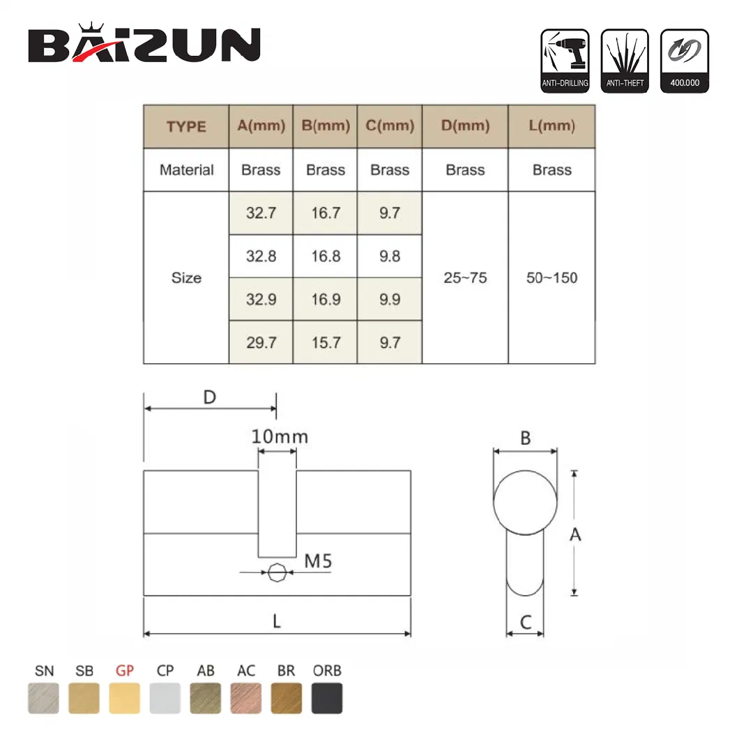 High Security Euro Profile Mortise Handle Door Cylinder Lock with Brass Key