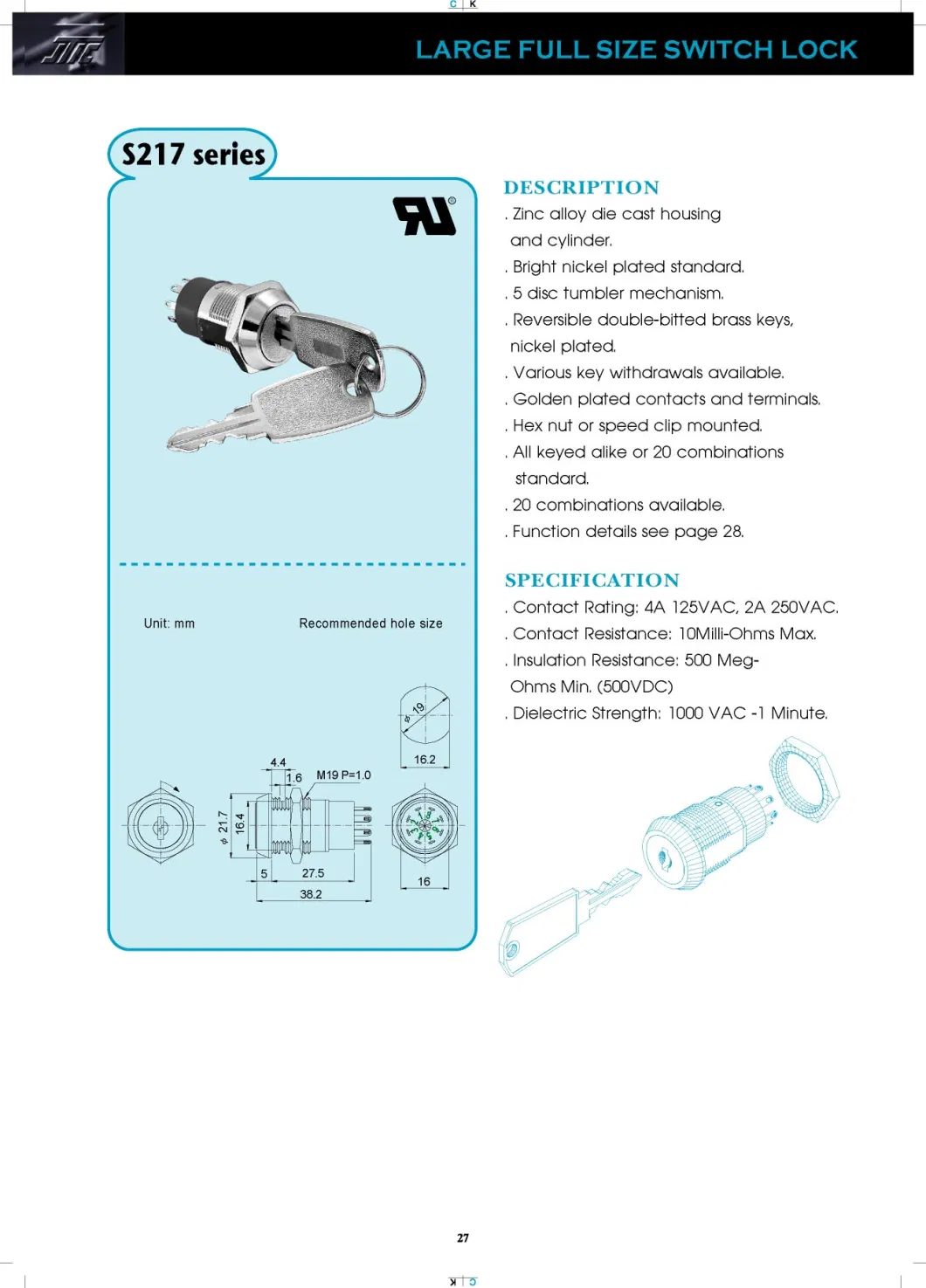 19mm UL Certified Switch Lock with Dimple Keys