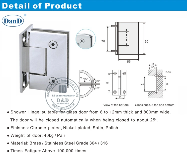 European 90 Degree Frameless Heavy Duty Spring Adjustable Door Hardware Fitting Brass Types Pivot Glass Clamp Clip Connector to Bathroom Shower Room Glass Hinge