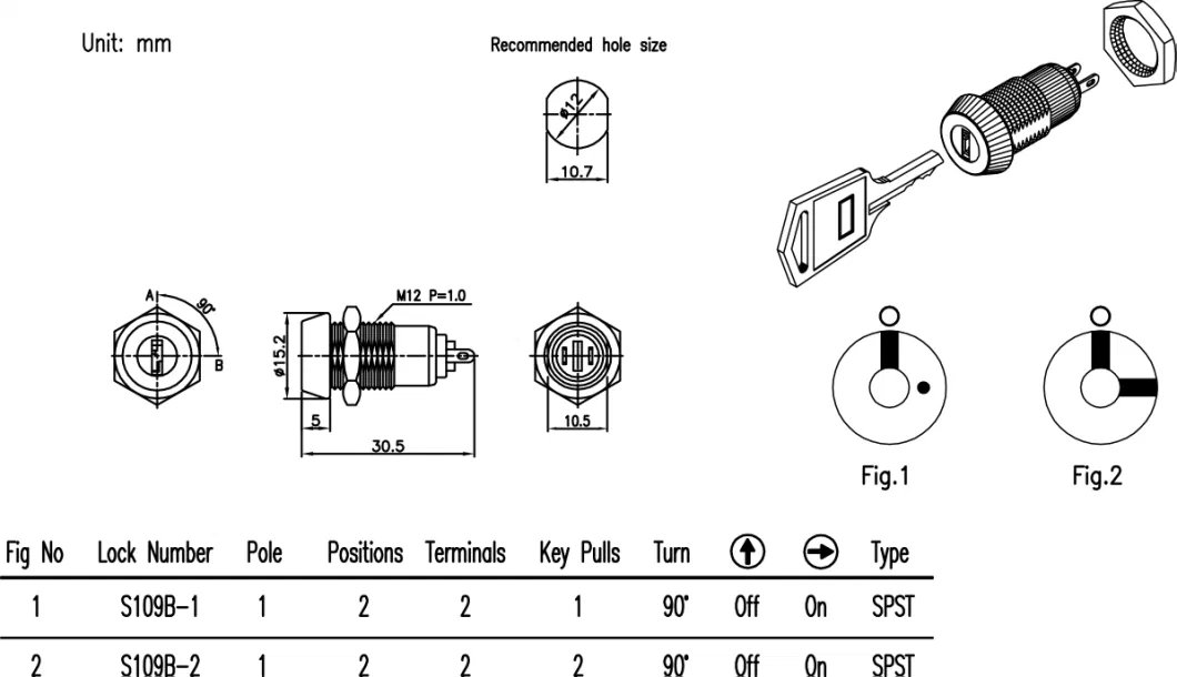 Hex Nut Mounted off -on Micro Key Lock Switch with Silver Plated Contacts and Terminals