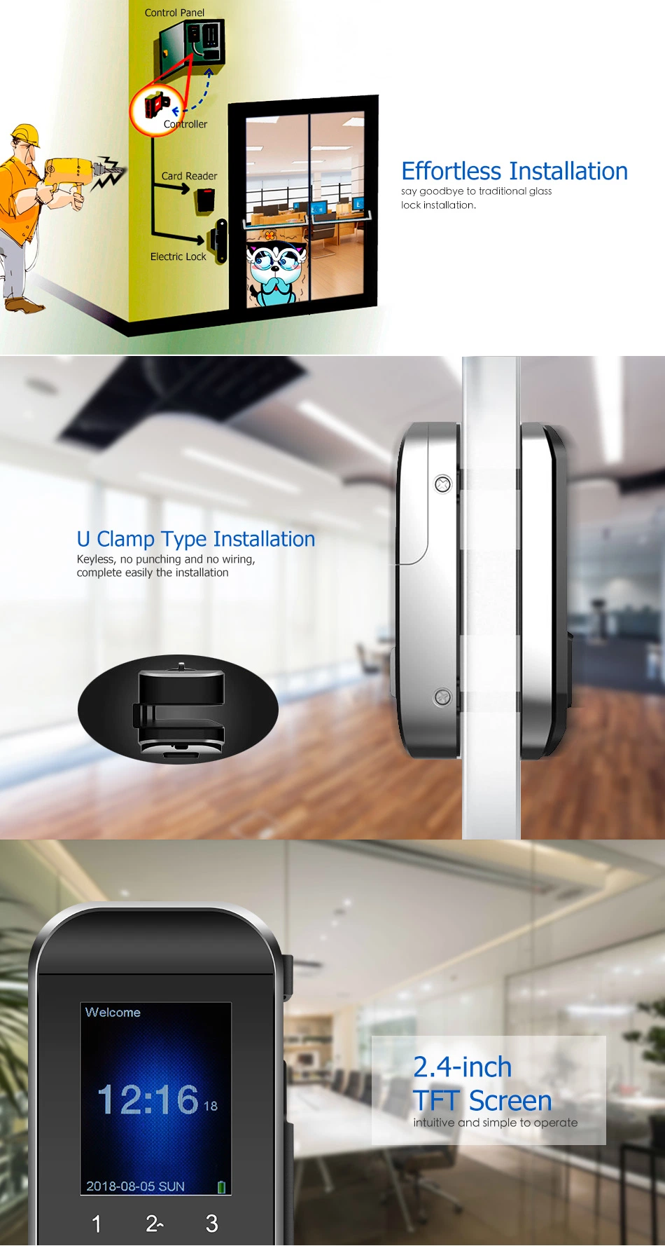 Electric Mortise Handle Combination Bluetooth Cylinder Digital WiFi Smart Fingerprint Door Lock for Glass Door