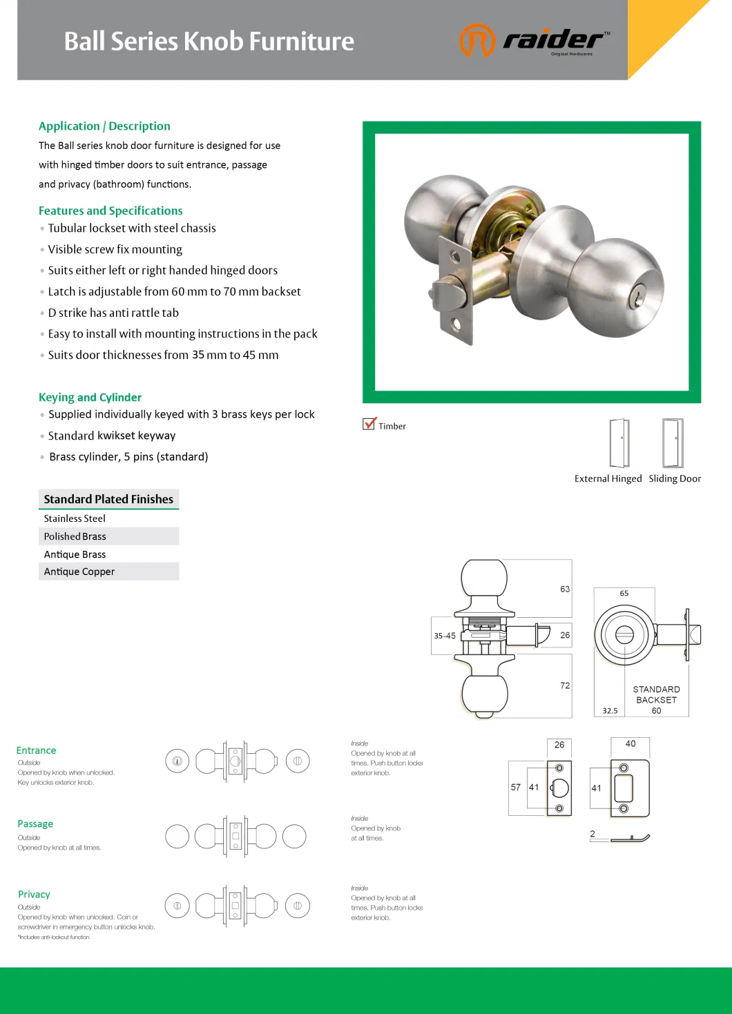 Tubular Knob/Handle Lockset, Entrance/Pravicy/Passage, Security Door Lock, Ball Lock