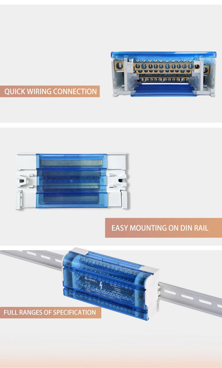 Small Size 160A Safe Plastic Brass Conductor DIN Rail Busbar Terminal Block (UK412)