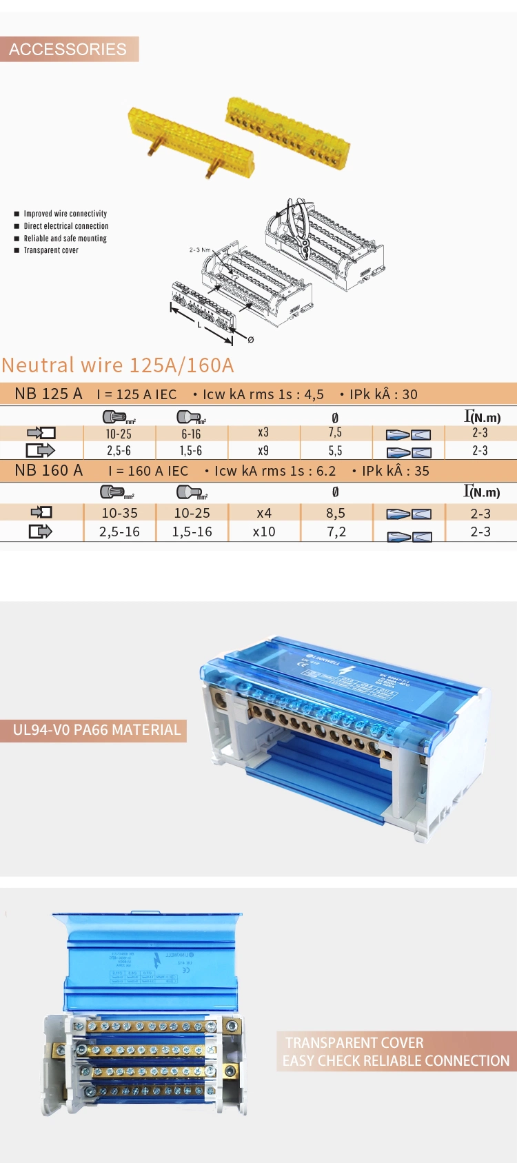 Small Size 160A Safe Plastic Brass Conductor DIN Rail Busbar Terminal Block (UK412)