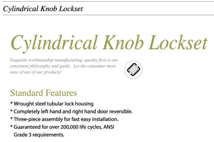 3871ss Door Lock, Cylindrical Knob Lock, Knob Lockset, Hardware, Round Knob