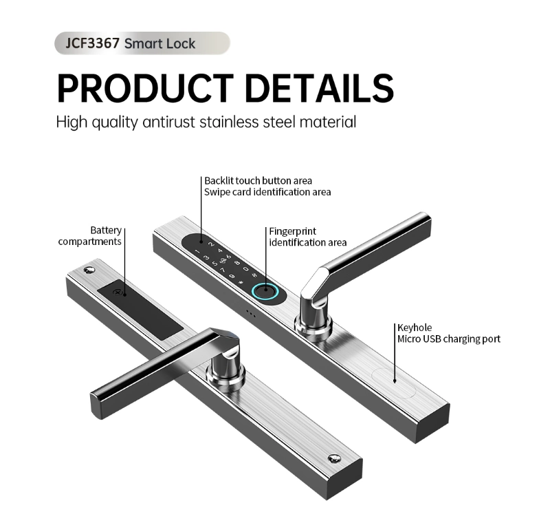 Tuya Smart SUS304 Stainless Steel Door Handle Hardware Keyless WiFi Waterproof Fingerprint Lock for Slim Aluminum Door