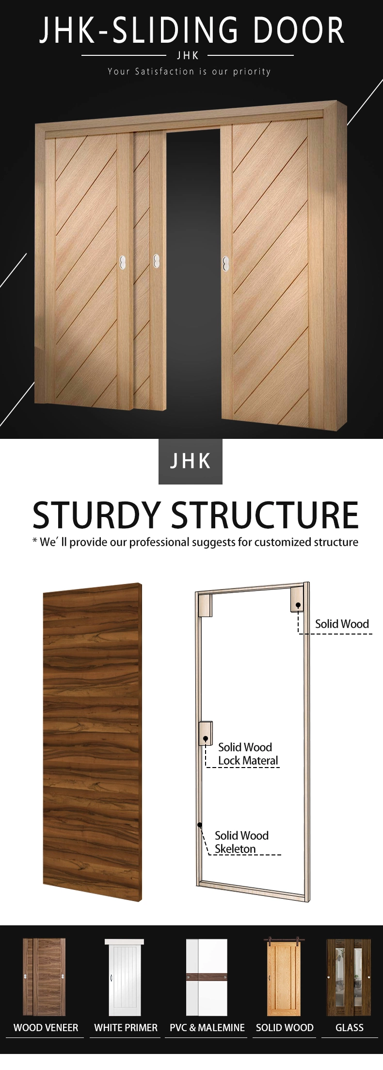 Jhk Frameless Wardrobe Exterior Wood Sliding Door Flush Lock