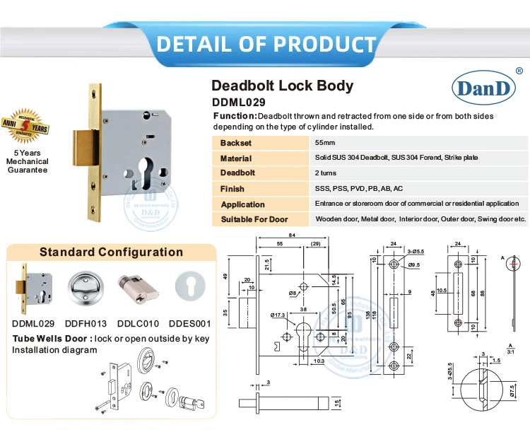 SS304 Solid Deadbolt Exterior Door Entry Door Lock with Flush Handle