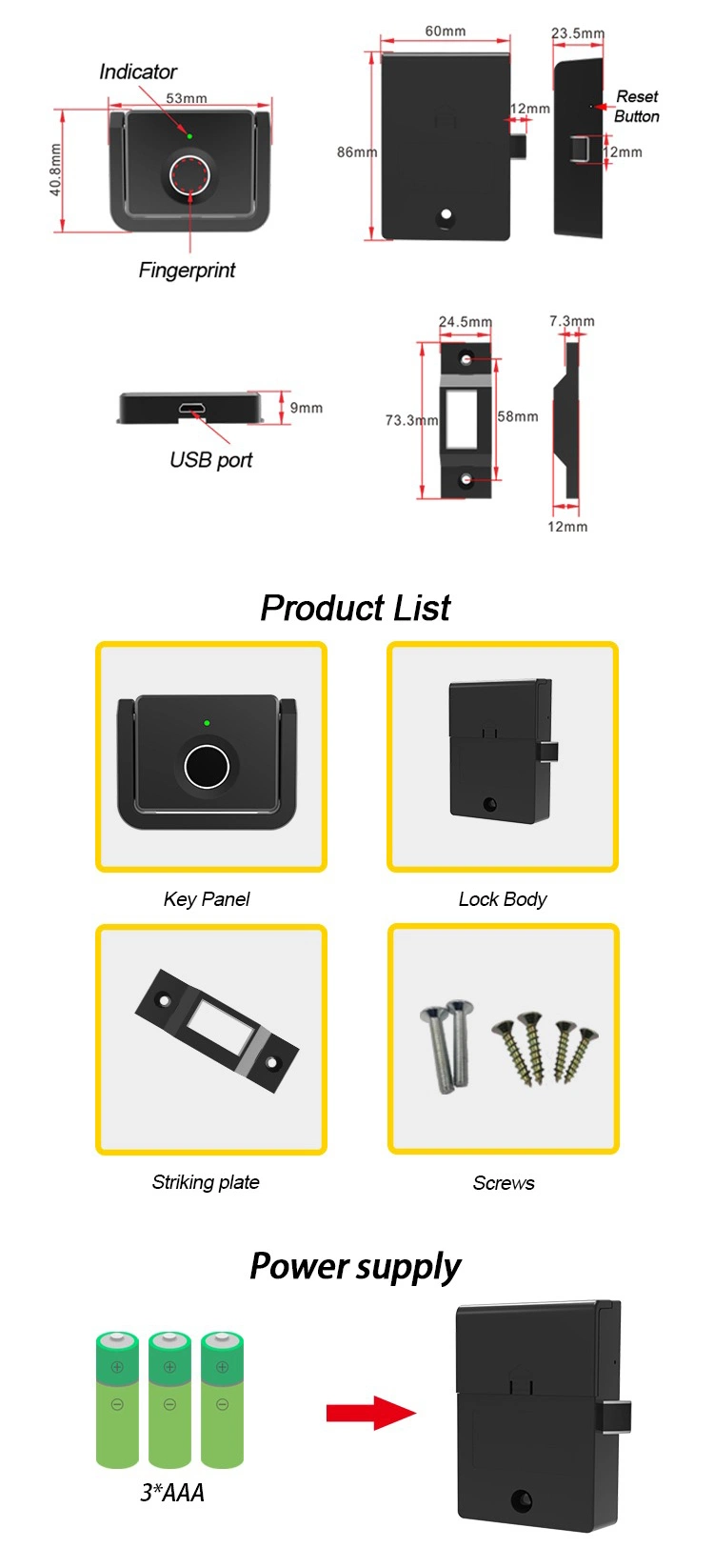 Digital Electronic Fingerprint Furniture Hardware Cabinet Safe Handle Smart Lock