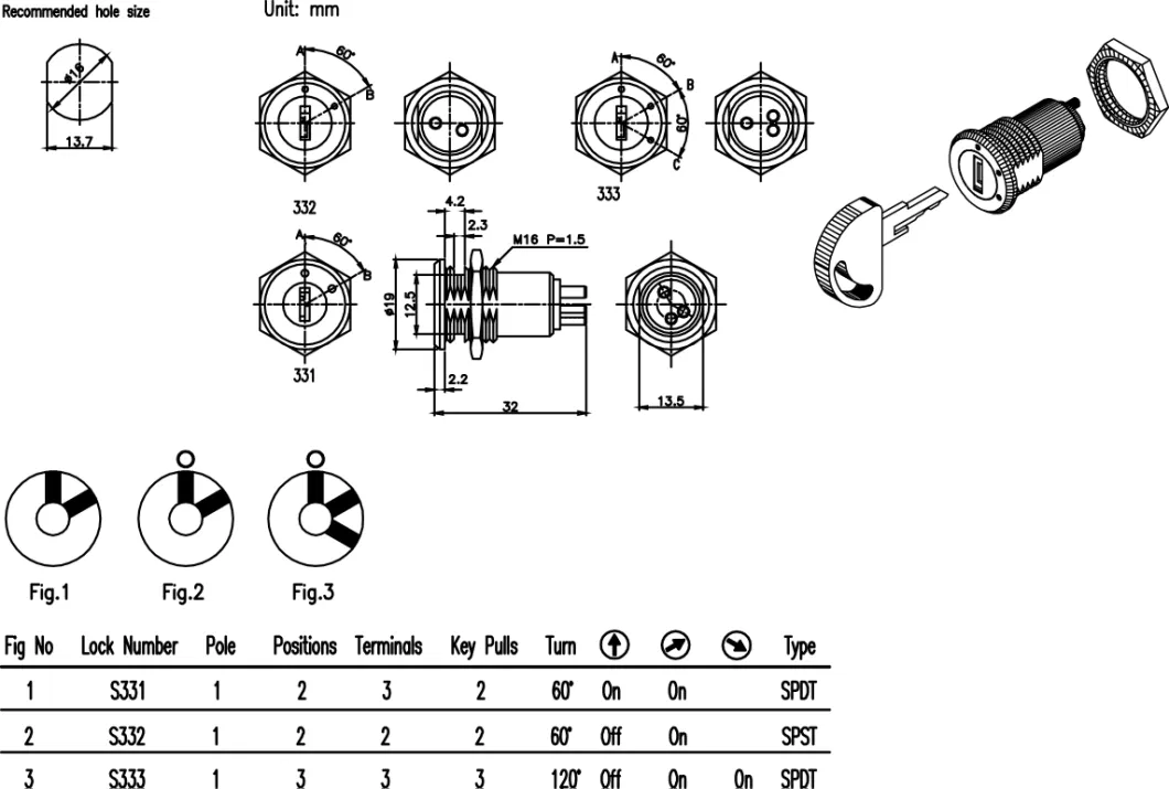 16mm Power Key Lock Switch with 2-3 Position and Plastic Cover Key&#160; From Taiwan Supplier&#160;