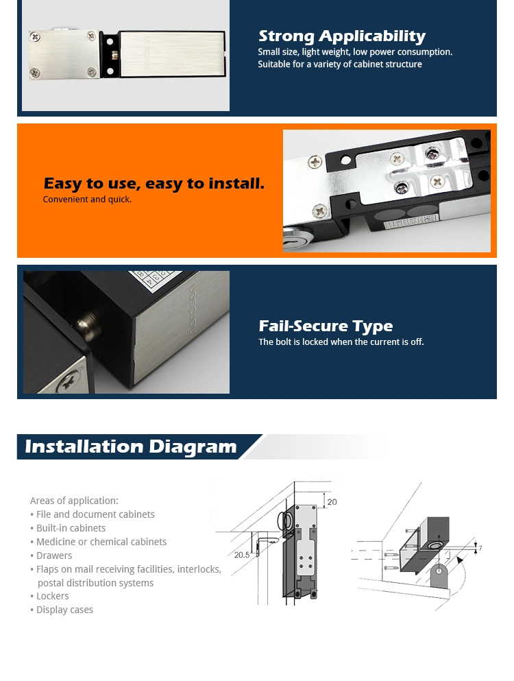 200lbs/100kg DC 12V or 24V Fail-Secure All Metal Hidden Cabinet Lock