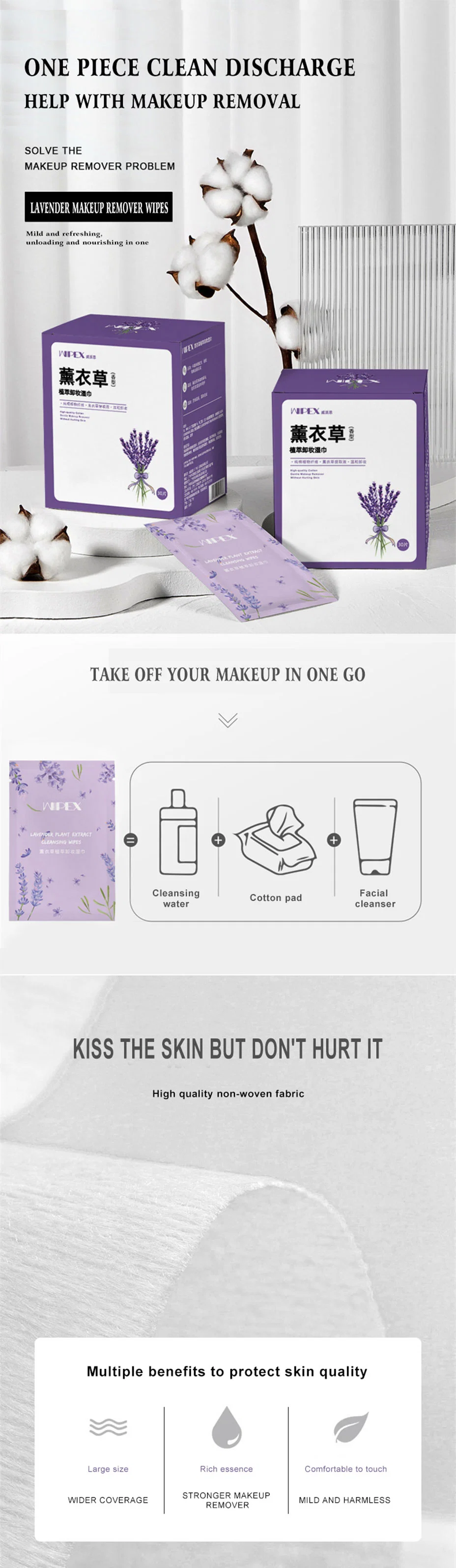 Wholesale Custom Private Label Makeup Remover Wipes Beauty Tool Cleansing Wipes with 30PCS/Box