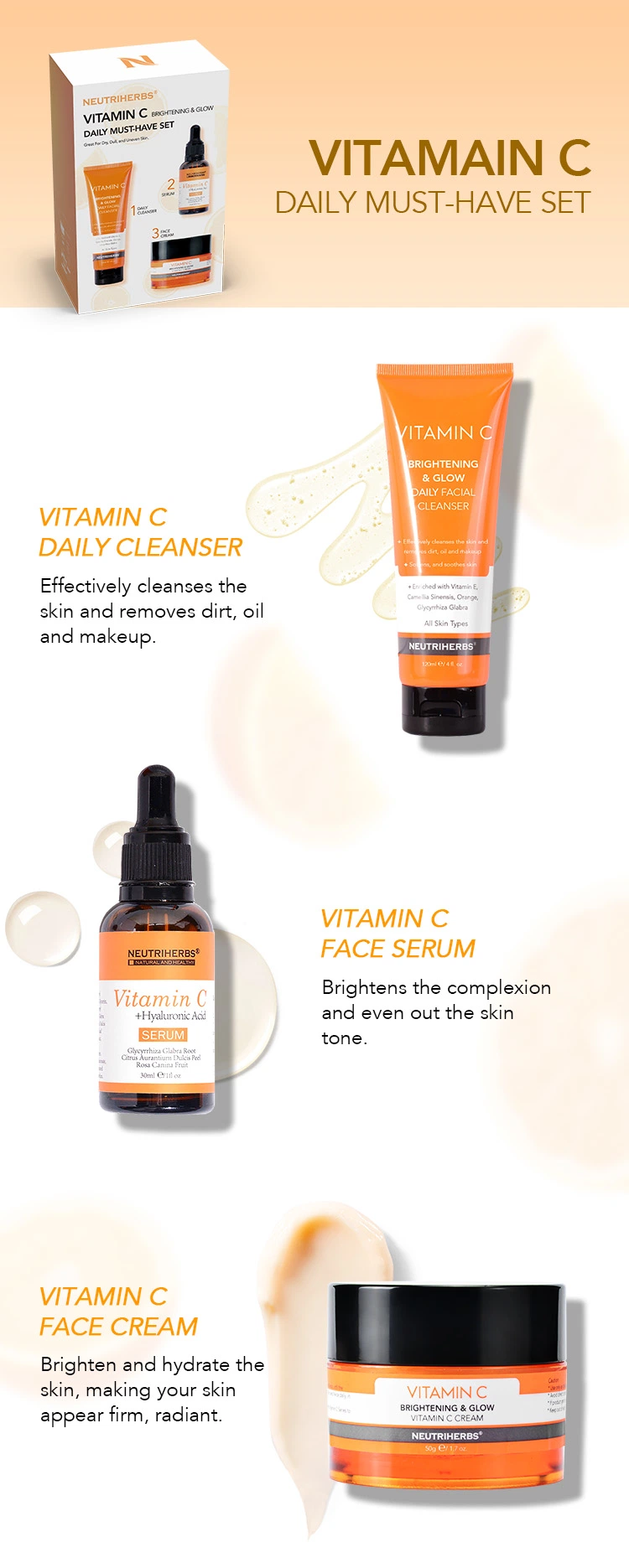 OEM Wholesale Cosmetics Face Skincare Brightening Moisturizing Whitening Vitamin C Face Skincare Set