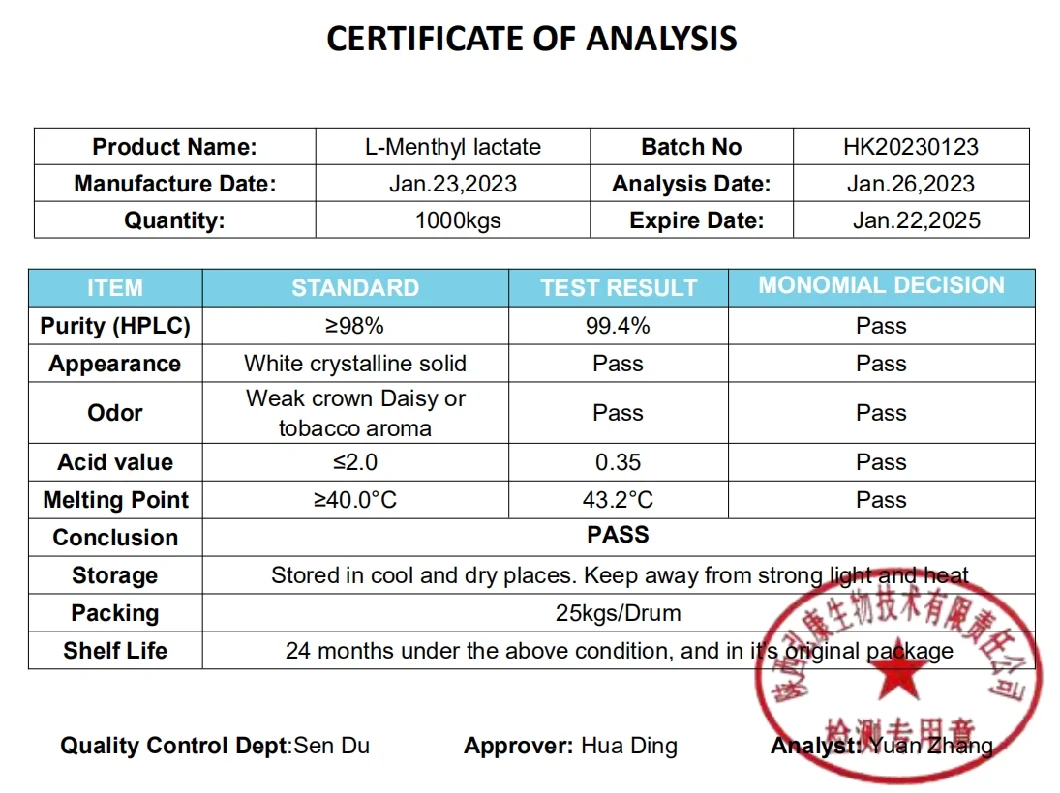 CAS: 59259-38-0 Cosmetic Grade L-Menthyl Lactate with Factory Price