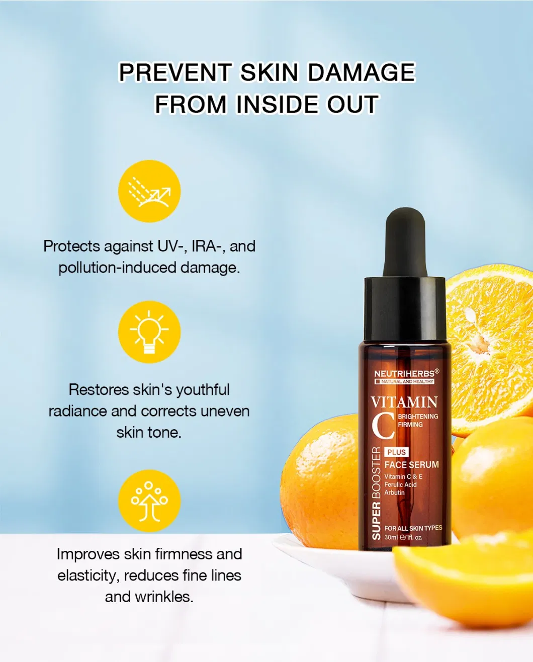 OEM ODM Private Label Vitamin C and E Glowing Serum for Face with Hyaluronic Acid