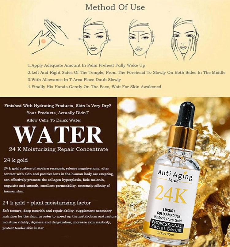 Private Label Luxury Facial Serum Moisturizing Firming Whitening Facial Essence Anti Aging Wrinkle 24K Gold Skin Care Face Serum