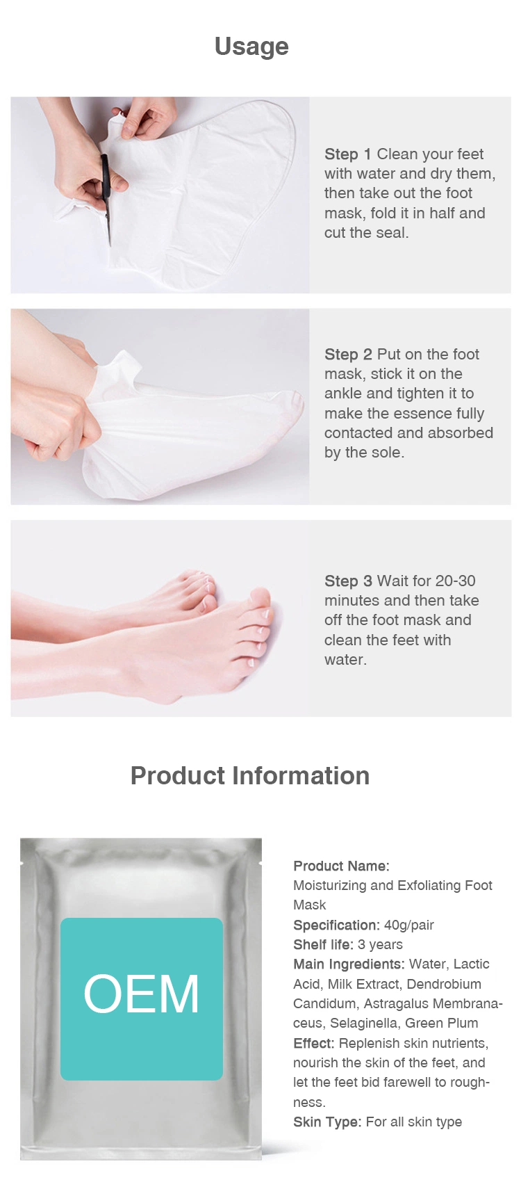 OEM Private Label Exfoliating Long Foot Mask Peeling Smooth Skin Lavender Care Feet Peel off Foot Masks 70cm