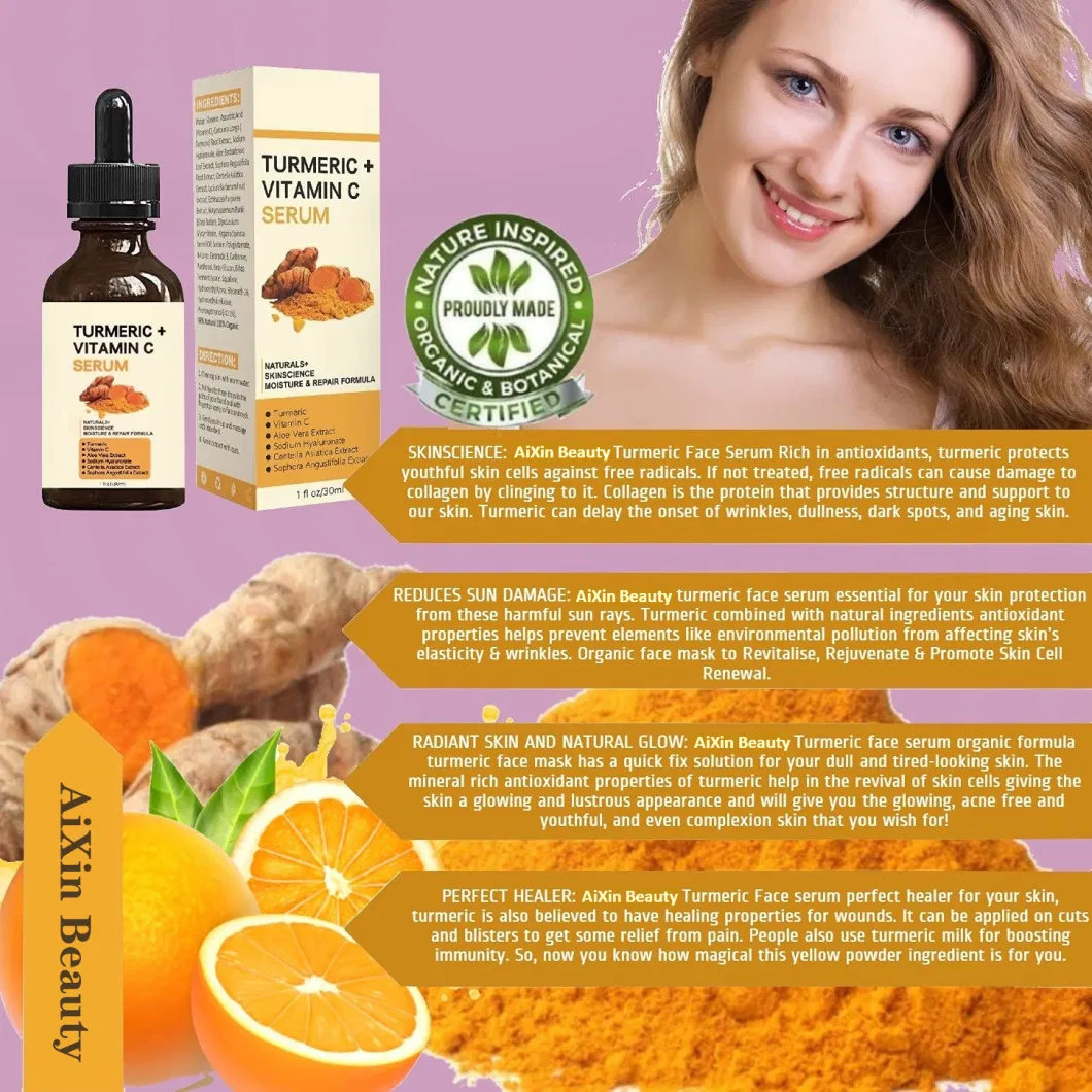 Aixin OEM Organic Turmeric Face Serum + Vitamin C, Acne Treatment, Clear Skin Toner, Hydrate Dull &amp; Dry Skin, Anti-Aging Facial Serum